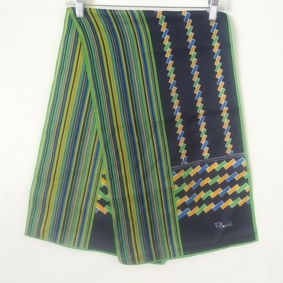 Vintage Paoli Striped Geometric Print Scarf, Navy Blue, Kelly Green & Yellow - Picture 1 of 6